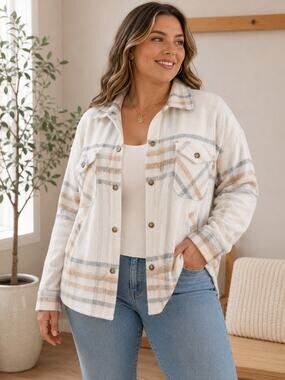 Ultra Flirt Plaid Fleece Shacket Jacket XL Neutral Tones